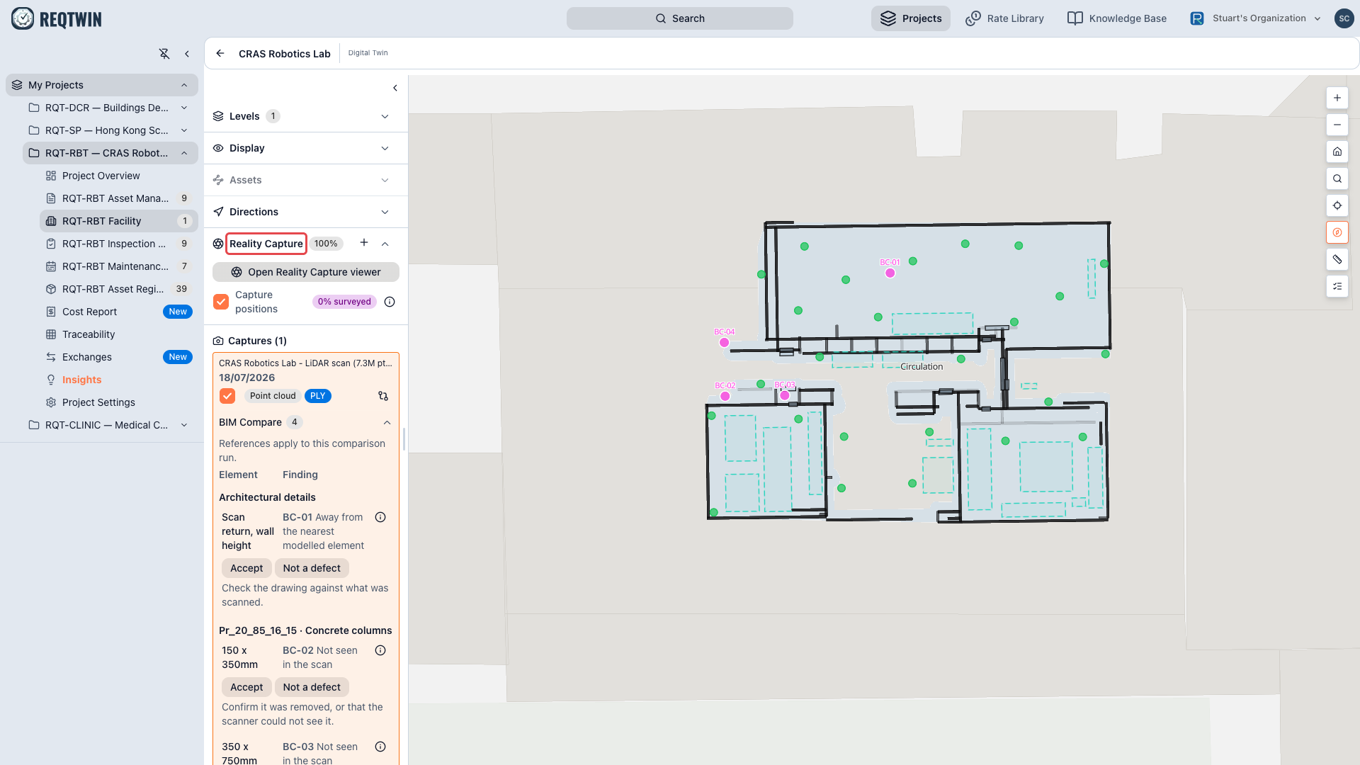The Reality Capture section, boxed in red, sitting in the map's left panel below Levels, Display, Assets and Directions.