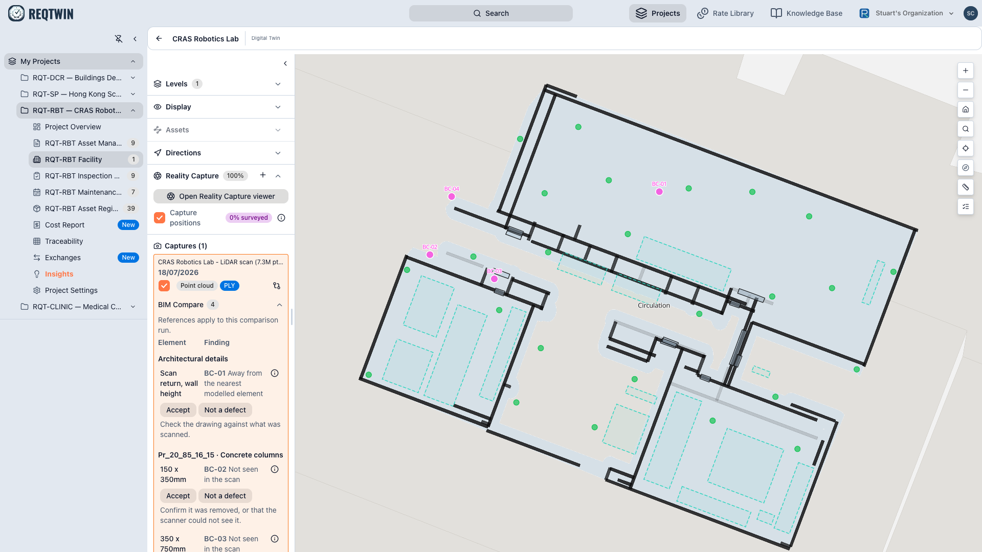 Capture positions drawn on the floorplan, each a station the surveyor stood at.