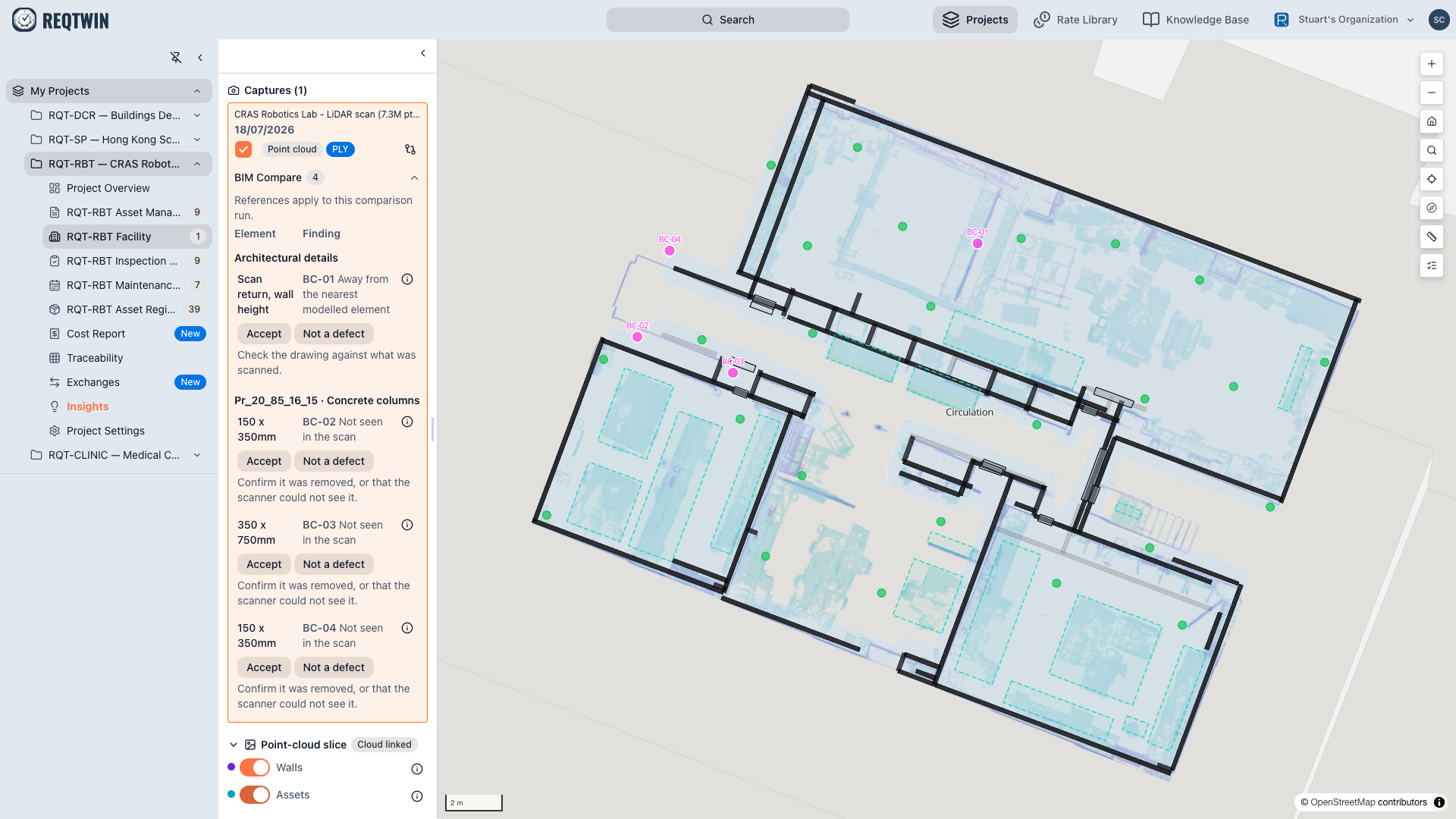 The two slice bands switched on, cut from the point cloud and drawn under the plan, each with its own colour swatch on its own control.