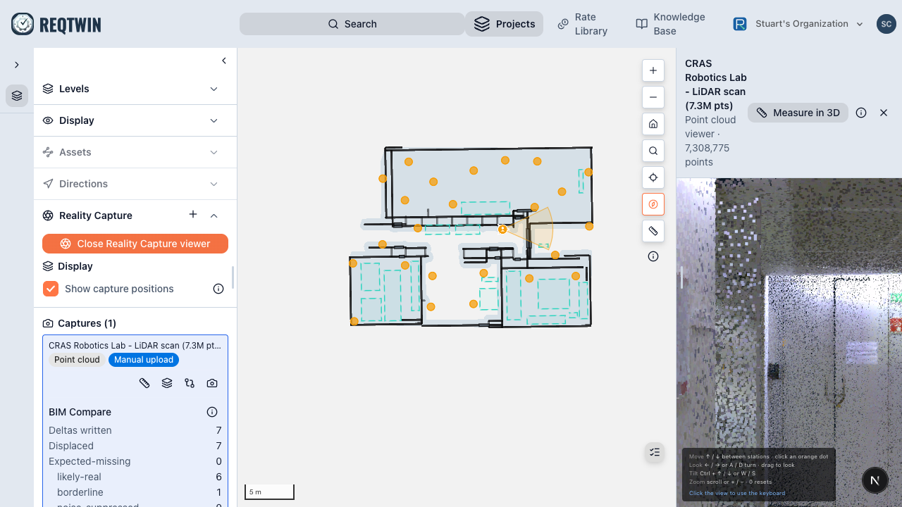 The reality capture viewer: a floorplan with orange capture-station dots and a view cone, next to a point cloud of the same space.