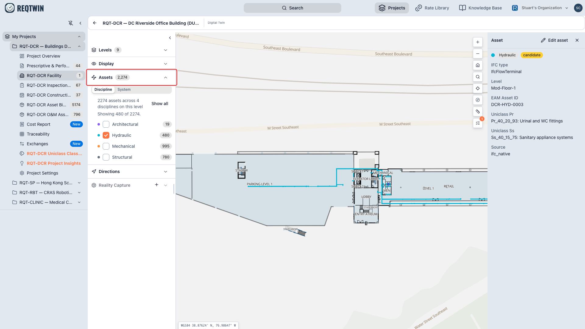 Hydraulic assets shown alone on one level, one selected, with the inspector showing its IFC type, level, EAM asset ID and both Uniclass codes.