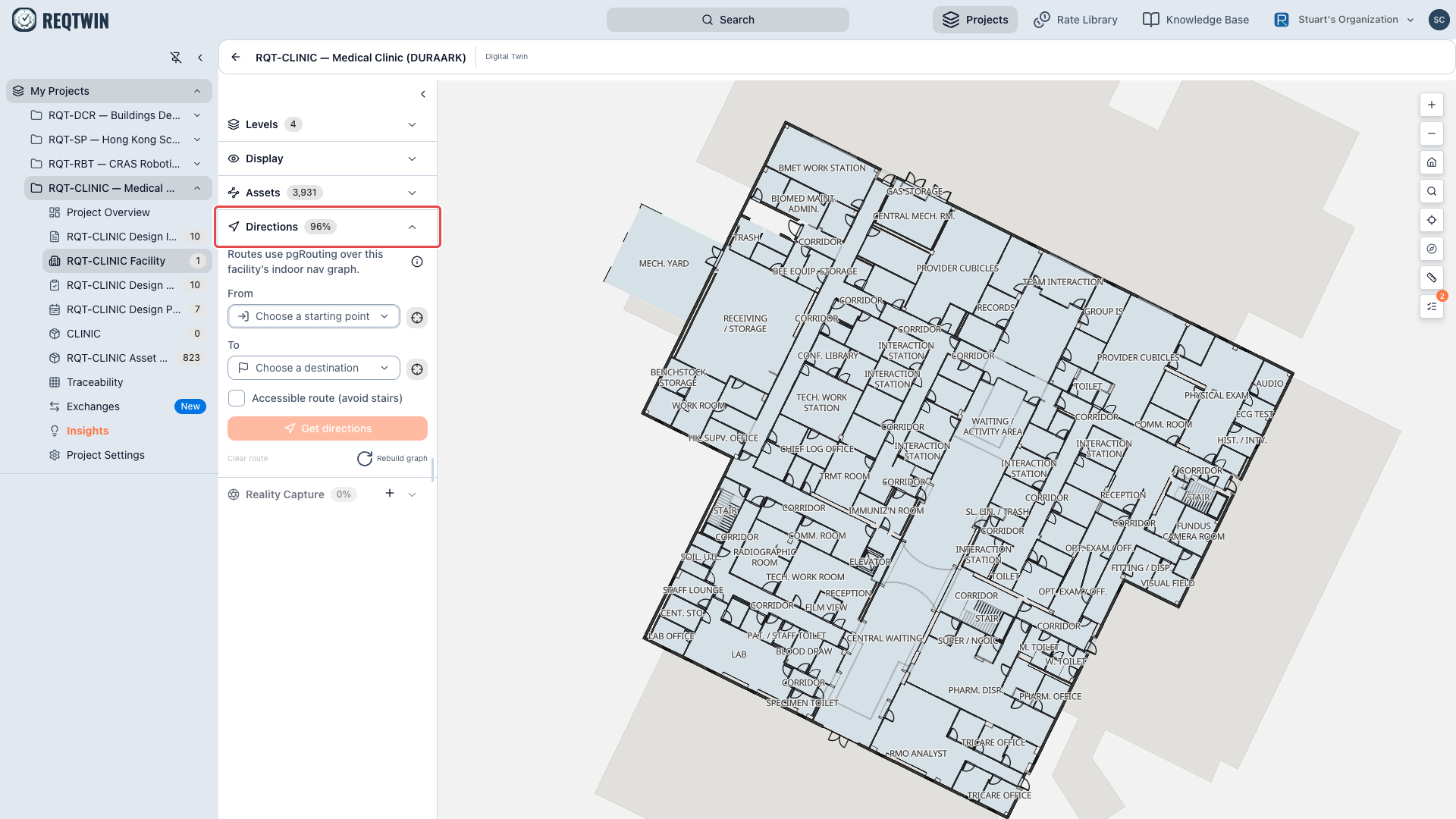 The Directions panel open on RQT-CLINIC, with From and To pickers, the accessible-route option, and the route-quality percentage on the section heading.