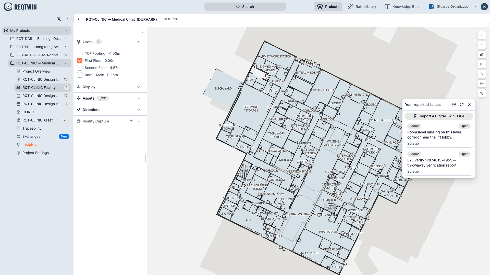 The Issues panel open from the map toolbar, listing the reports you filed with their category and status.