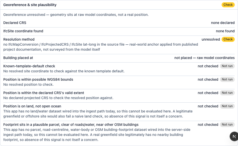 The import checklist, with a green pass on fidelity and an amber flag on georeference.
