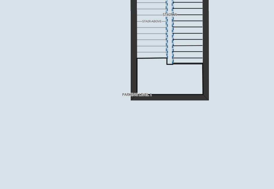 A stair landing drawn as a plan surface at the top of a flight, with a solid black railing outline running its edge.
