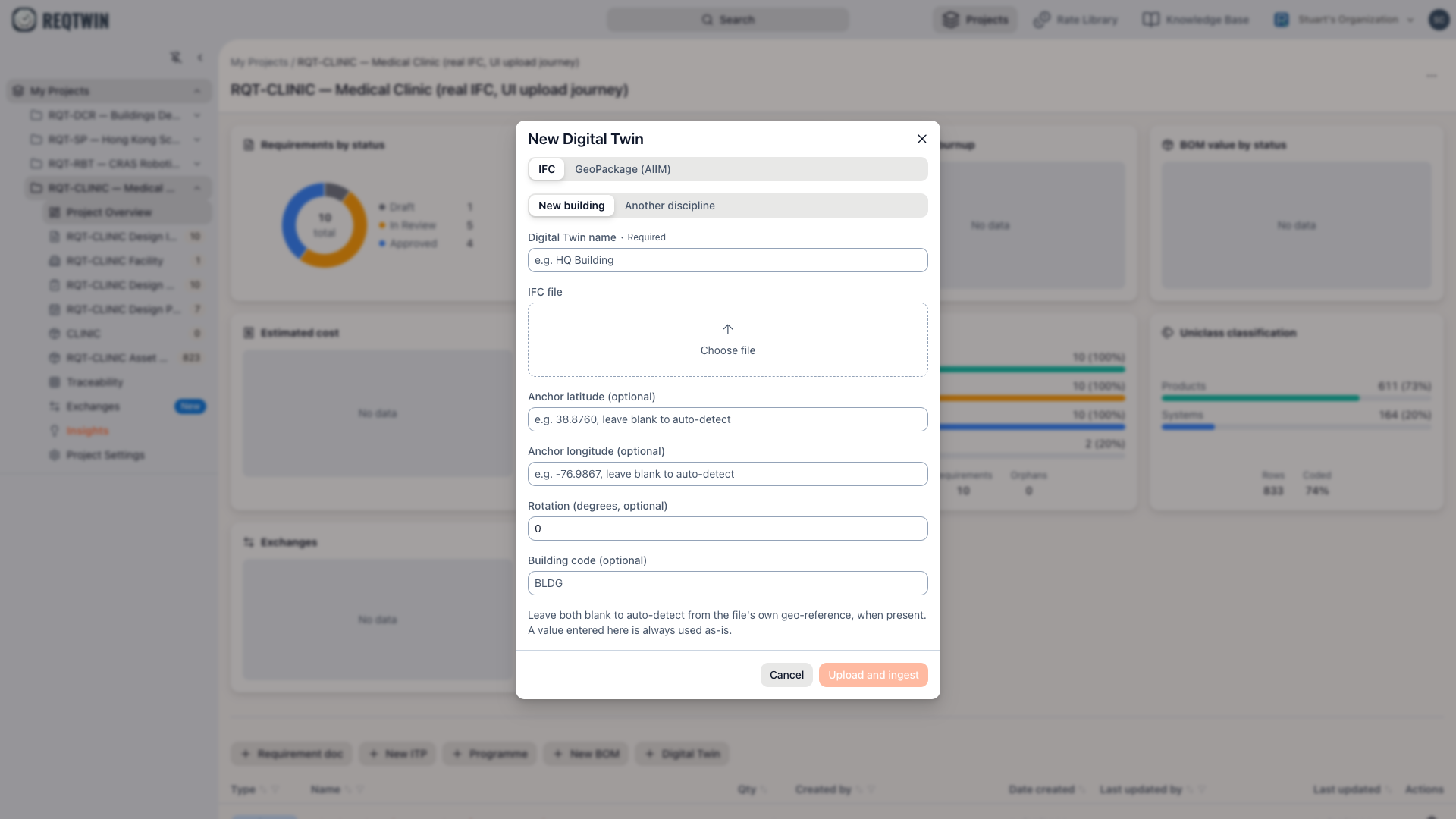 The upload dialog set to IFC, asking what the file is: a new building, a new version, or another discipline.